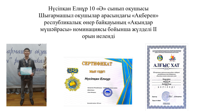 "Ақберен" өнер байқауының "Ақындар мүшәйрасы" облыстық кезеңі ІІ орын 10 сынып оқушысы Е.Нұсіпхан, жетекшісі қазақ тілі мен әдебиет пәні мұғалімі Н.Мухаметжанова